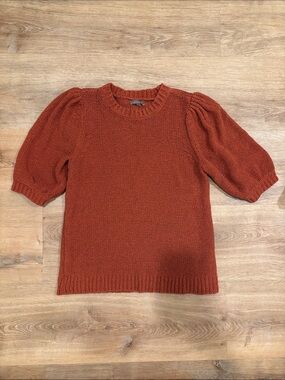 Lilla P Short Puff-Sleeve Crewneck Sweater in Rust
